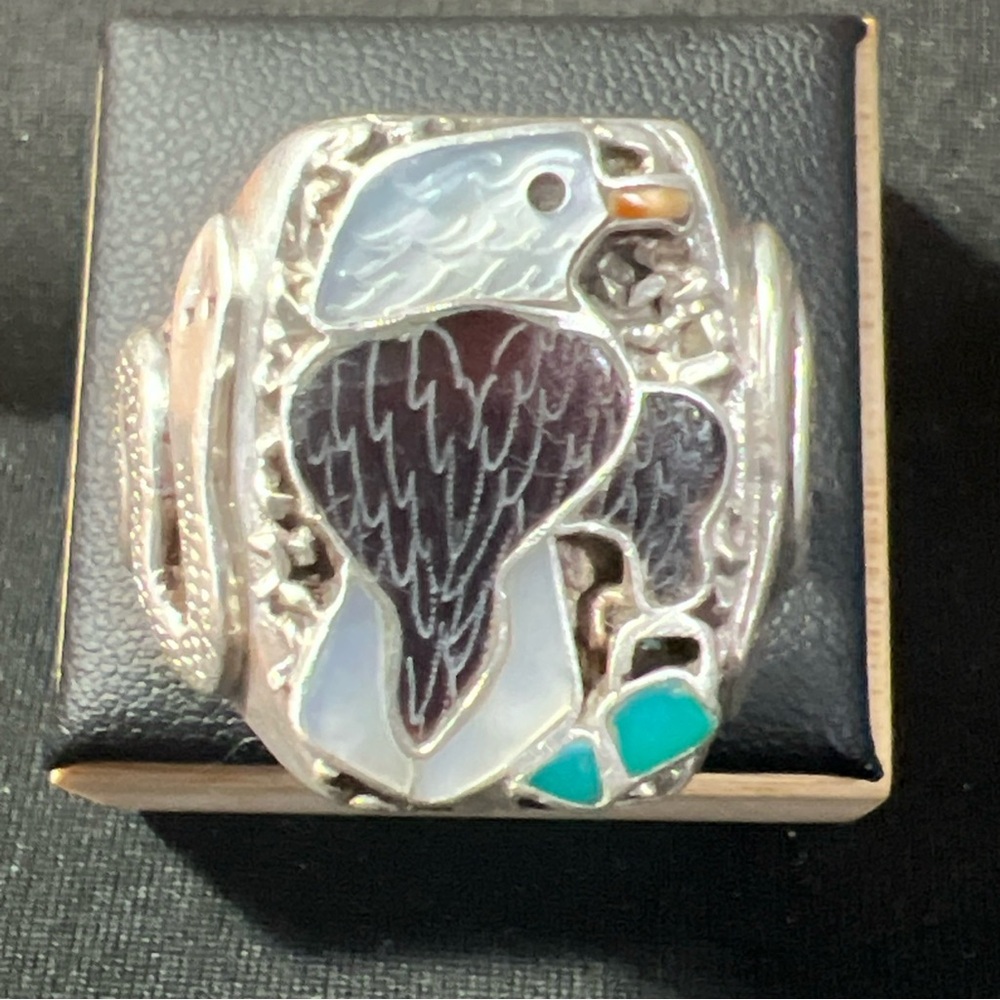 VTG Sterling Zuni Jet,MOP, Turquoise Inlaid Eagle Snake Men’s Ring 16g Size 12